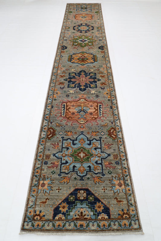 83 x 434 cm | Oriental Gray Runner Rug Afghan Hand Knotted Veg Dye Wool carpet - ART WOOL CARPET