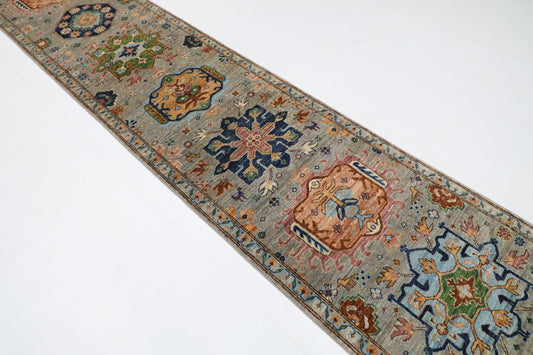 83 x 434 cm | Oriental Gray Runner Rug Afghan Hand Knotted Veg Dye Wool carpet - ART WOOL CARPET
