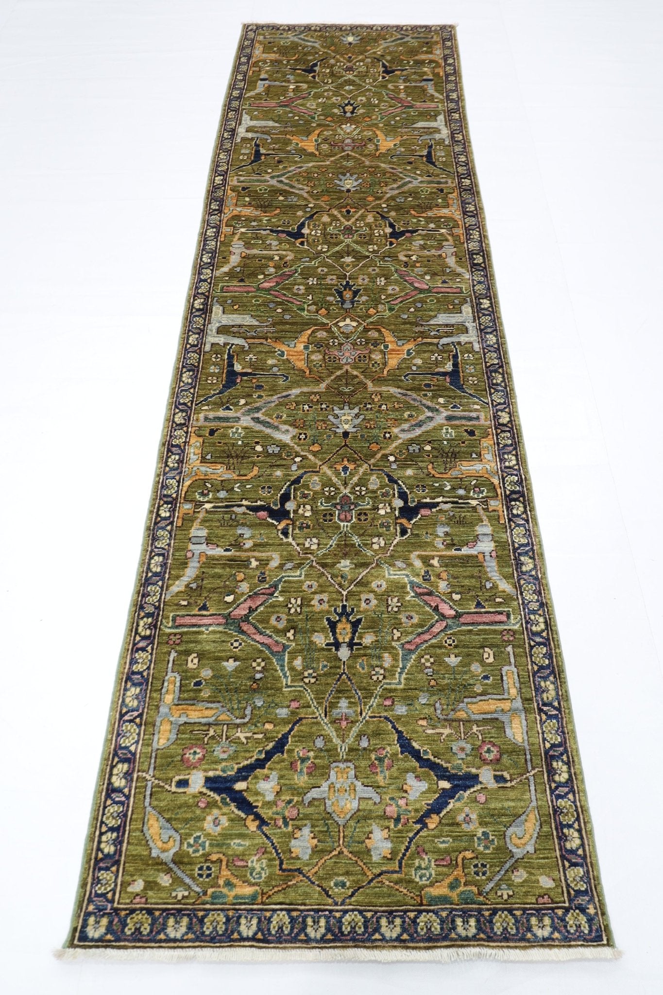 84 x 296 cm | Bidjar Green Oriental Runner Rug Afghan Hand Knotted Veg Dye Wool carpet - ART WOOL CARPET