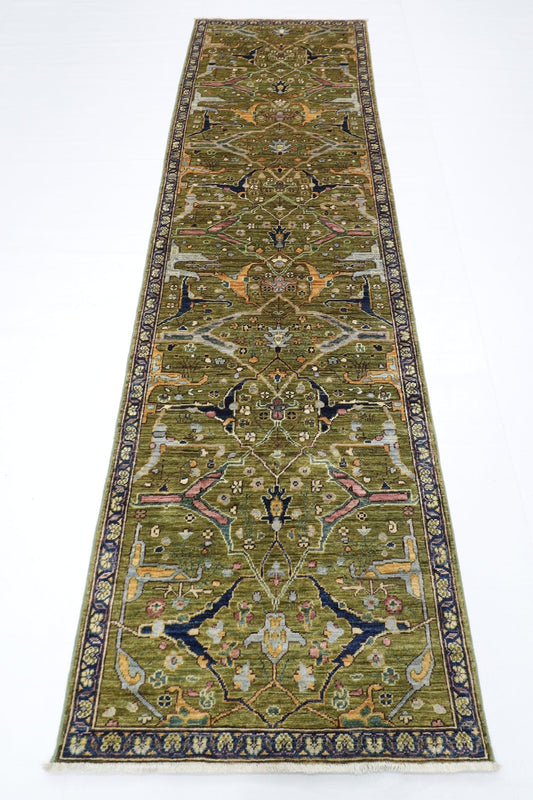 84 x 296 cm | Bidjar Green Oriental Runner Rug Afghan Hand Knotted Veg Dye Wool carpet - ART WOOL CARPET
