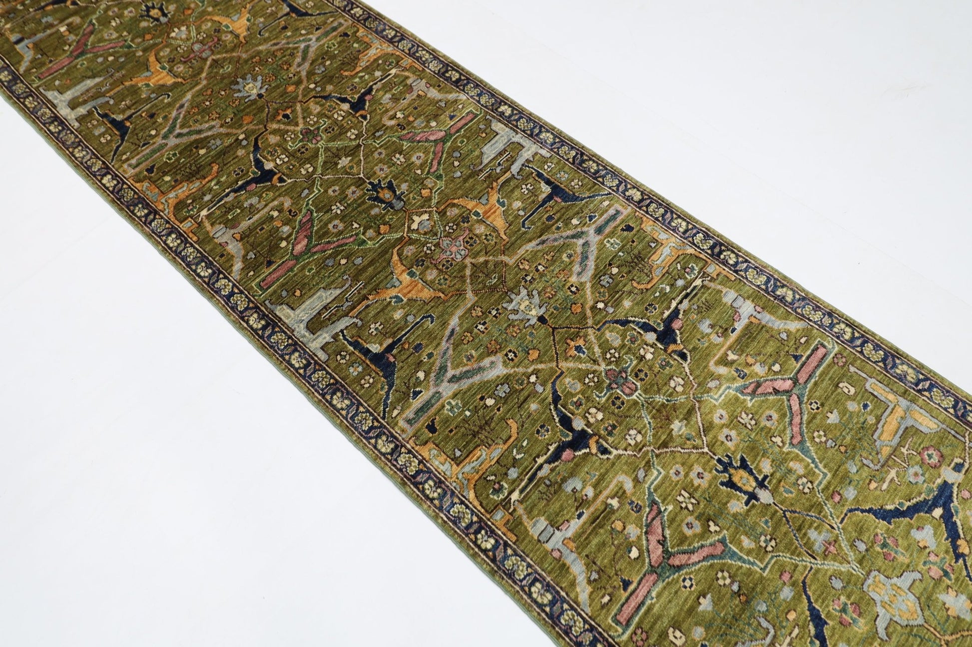 84 x 296 cm | Bidjar Green Oriental Runner Rug Afghan Hand Knotted Veg Dye Wool carpet - ART WOOL CARPET