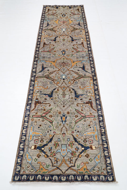 84 x 298 cm | Tribal Gray Runner Rug Afghan Hand Knotted veg Dye Wool carpet - ART WOOL CARPET