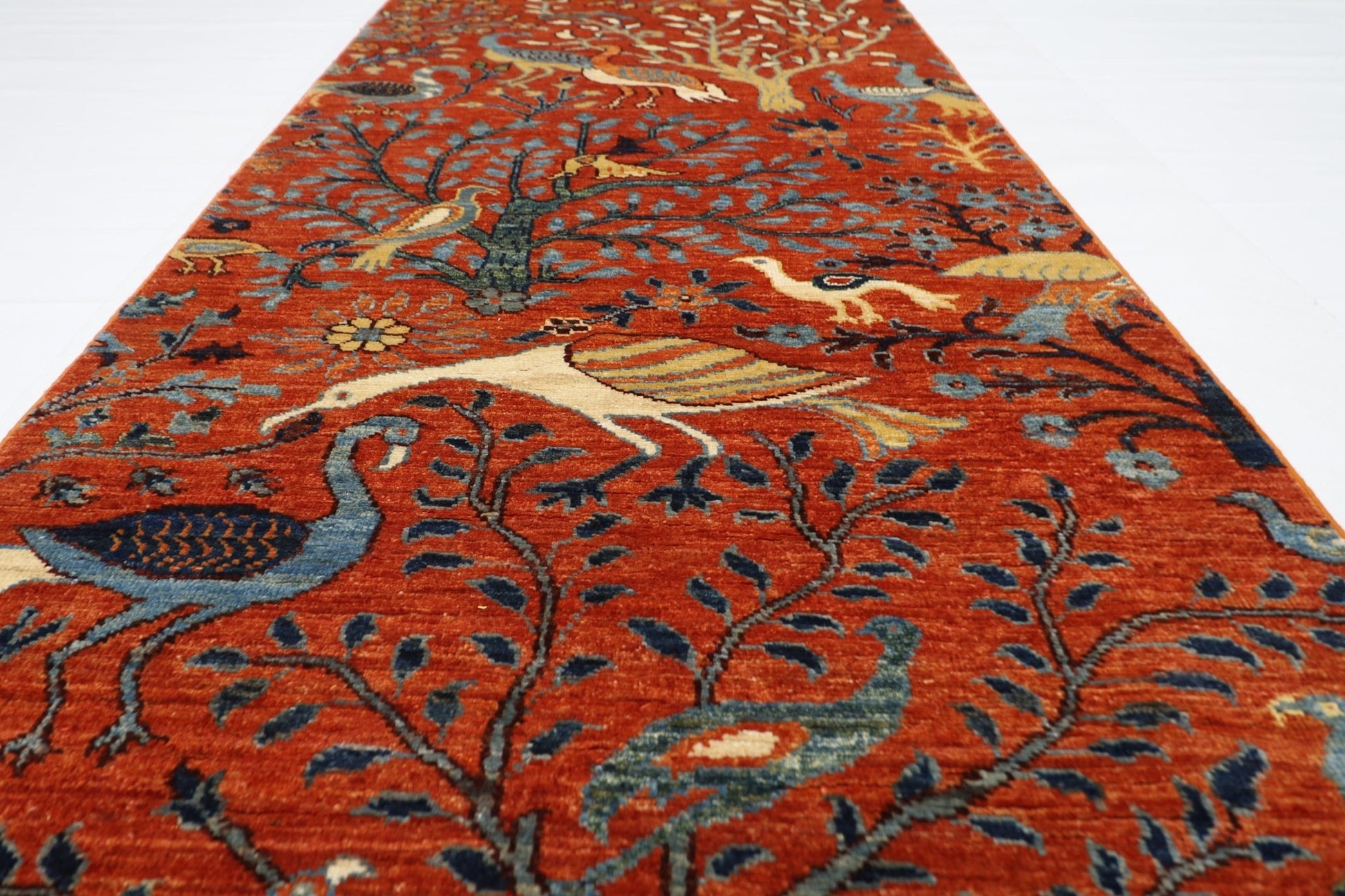 84 x 320 cm | Oriental Birds Orange Runner Rug Afghan Hand Knotted Veg Dye Wool carpet - ART WOOL CARPET