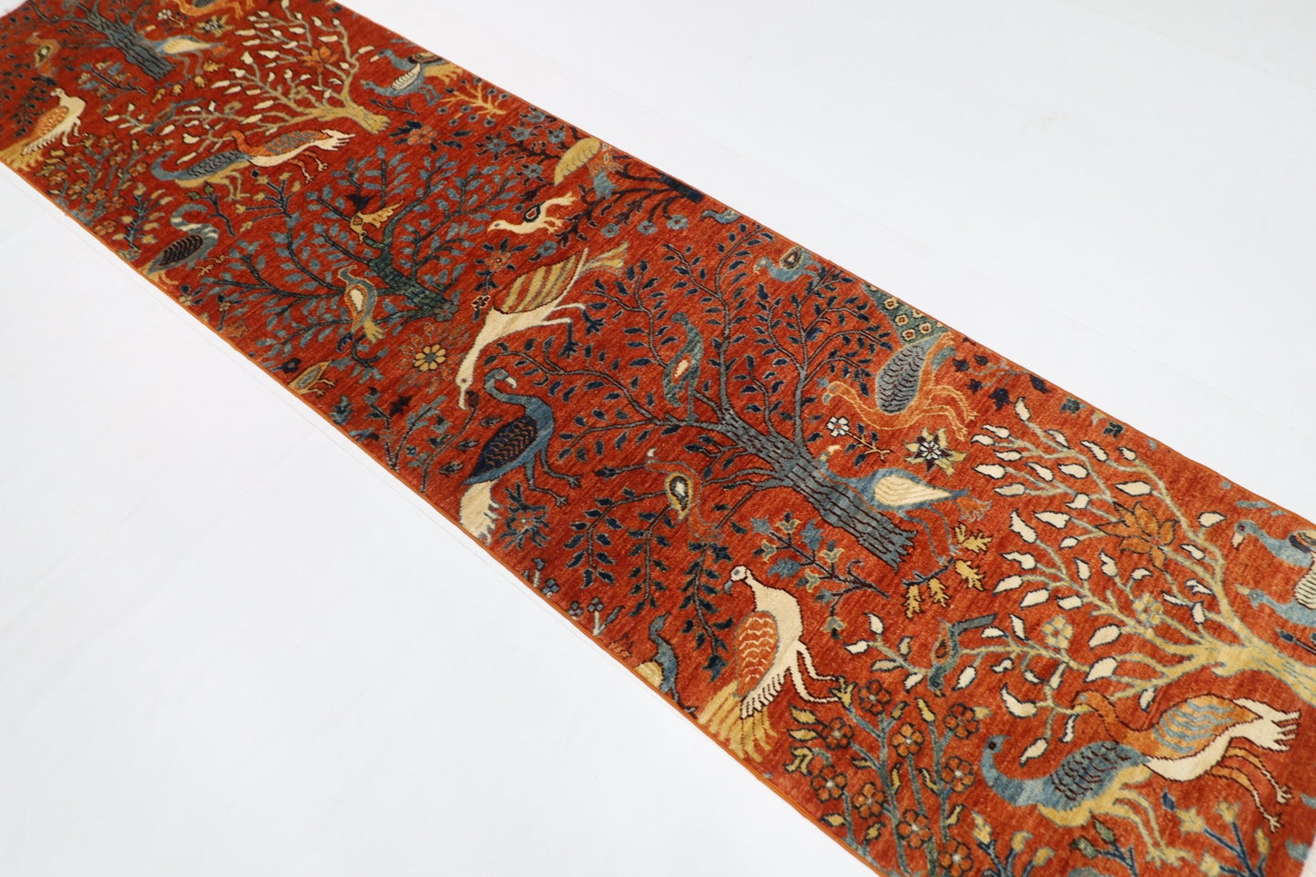 84 x 320 cm | Oriental Birds Orange Runner Rug Afghan Hand Knotted Veg Dye Wool carpet - ART WOOL CARPET
