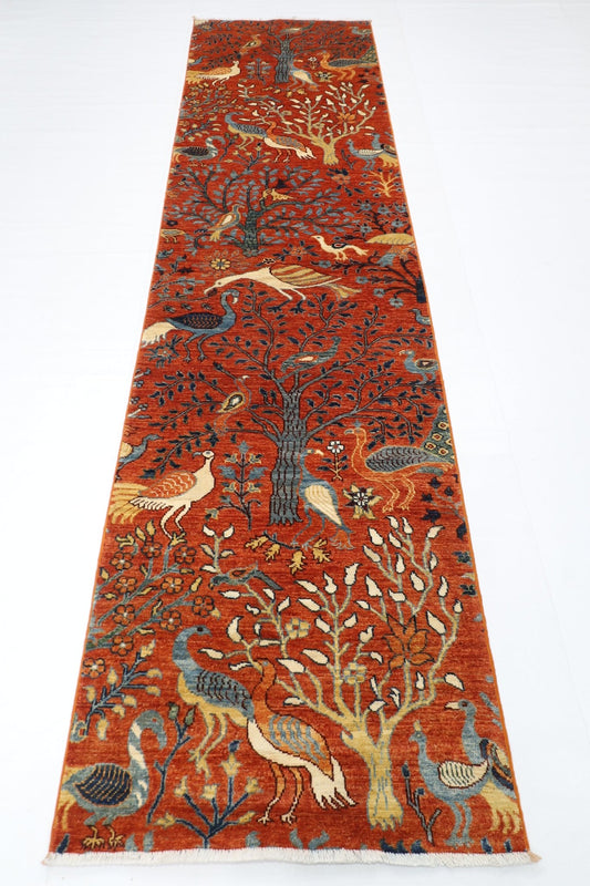 84 x 320 cm | Oriental Birds Orange Runner Rug Afghan Hand Knotted Veg Dye Wool carpet - ART WOOL CARPET