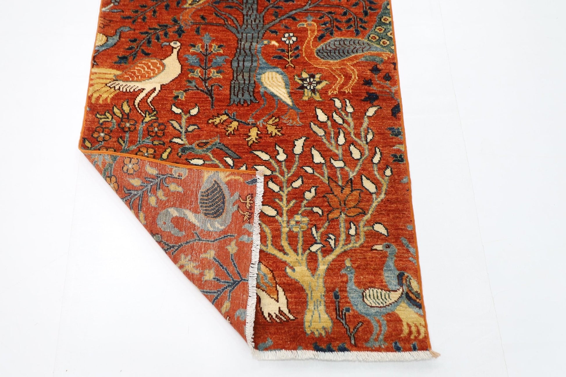 84 x 320 cm | Oriental Birds Orange Runner Rug Afghan Hand Knotted Veg Dye Wool carpet - ART WOOL CARPET