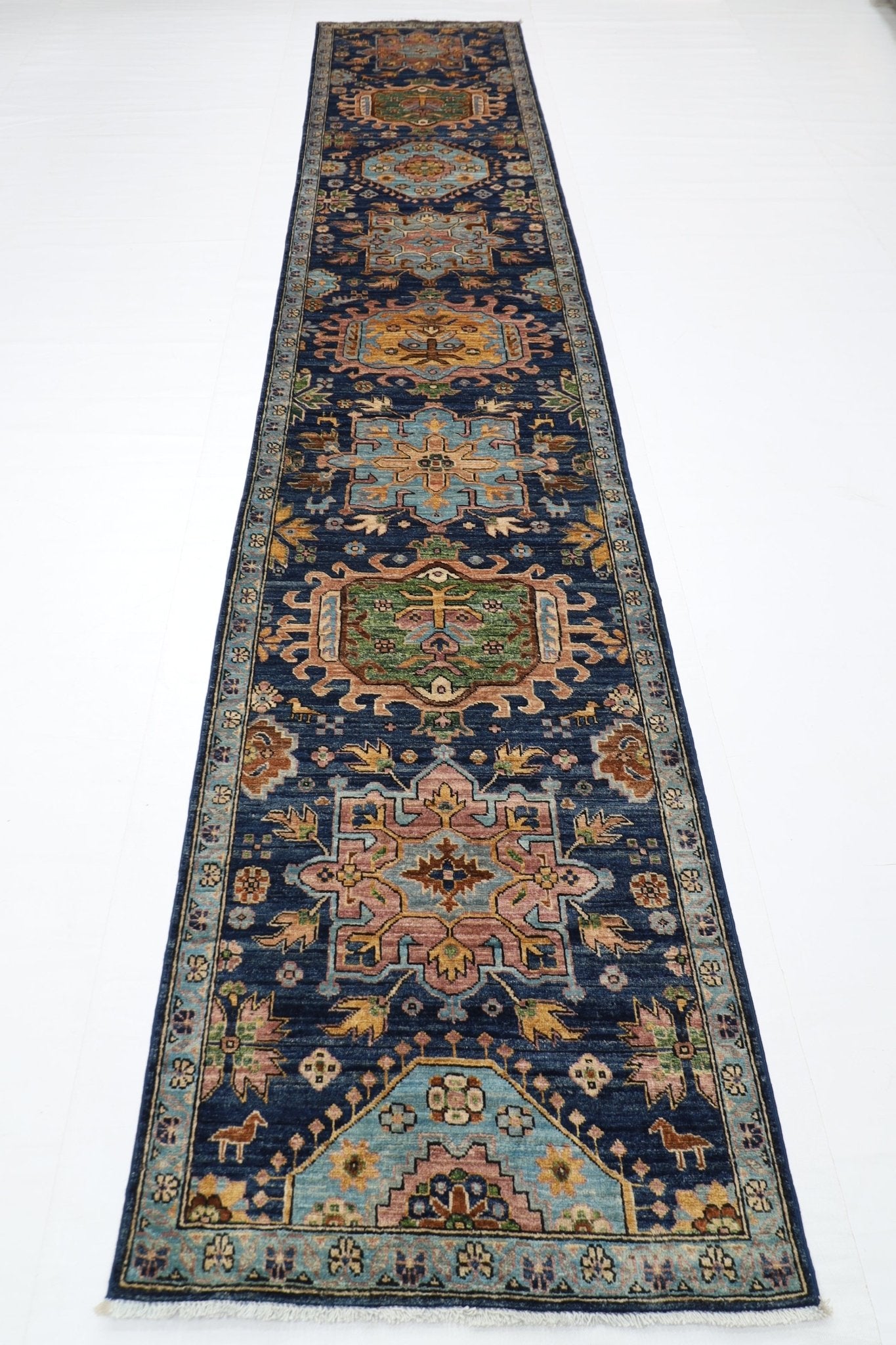 84x 416 cm | Oriental Floral Blue Runner Rug Afghan Hand Knotted Veg Dye Wool carpet - ART WOOL CARPET