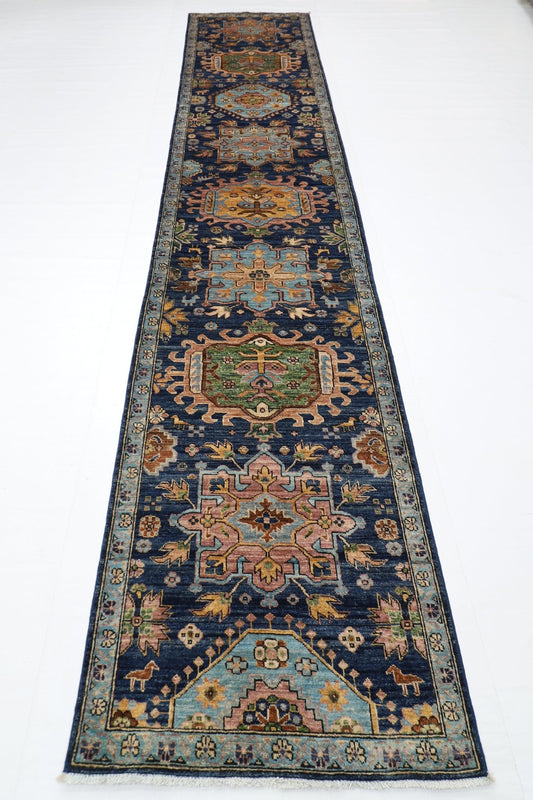 84x 416 cm | Oriental Floral Blue Runner Rug Afghan Hand Knotted Veg Dye Wool carpet - ART WOOL CARPET