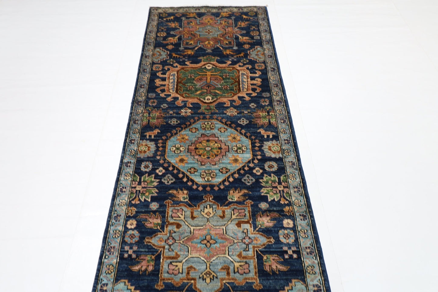 84x 416 cm | Oriental Floral Blue Runner Rug Afghan Hand Knotted Veg Dye Wool carpet - ART WOOL CARPET