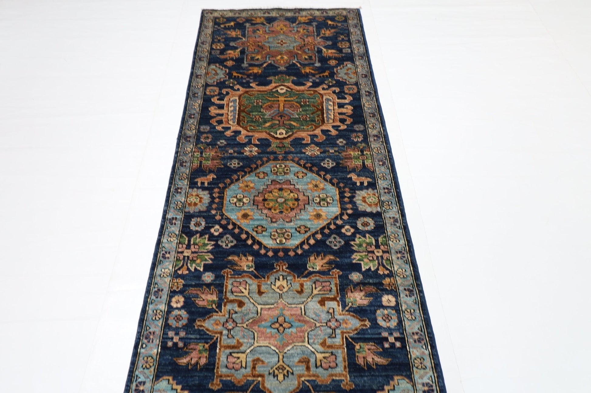 84x 416 cm | Oriental Floral Blue Runner Rug Afghan Hand Knotted Veg Dye Wool carpet - ART WOOL CARPET