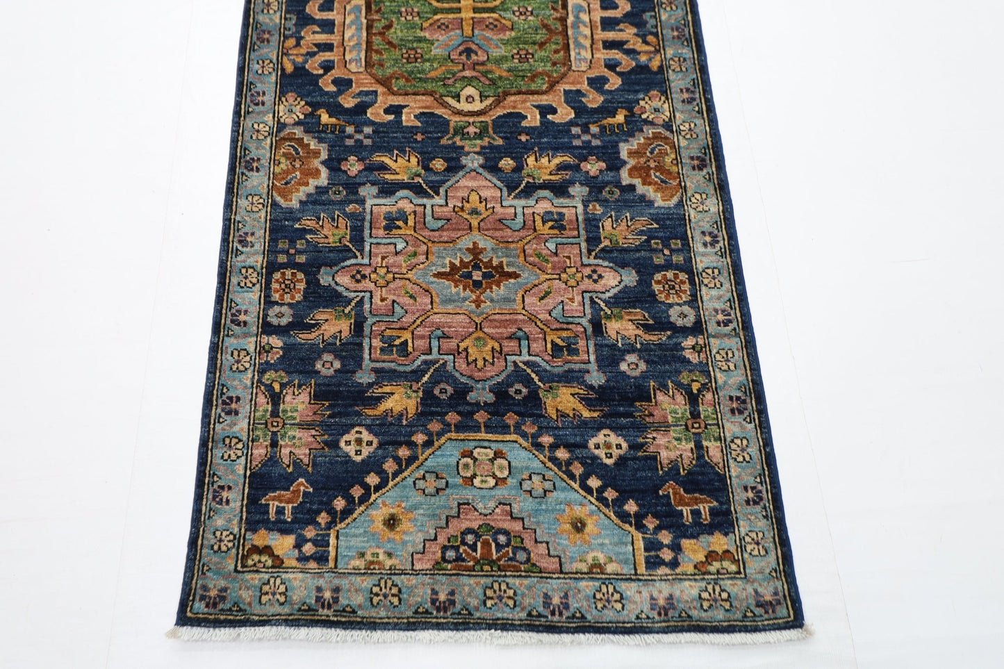 84x 416 cm | Oriental Floral Blue Runner Rug Afghan Hand Knotted Veg Dye Wool carpet - ART WOOL CARPET