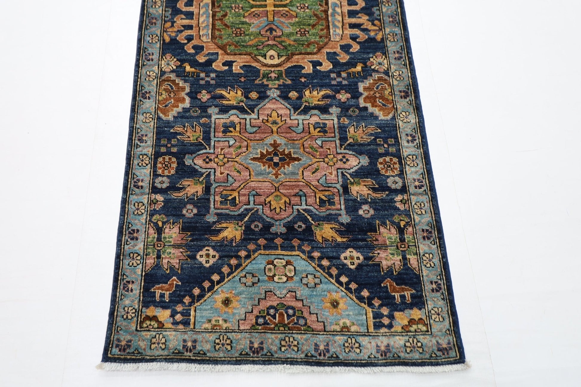 84x 416 cm | Oriental Floral Blue Runner Rug Afghan Hand Knotted Veg Dye Wool carpet - ART WOOL CARPET