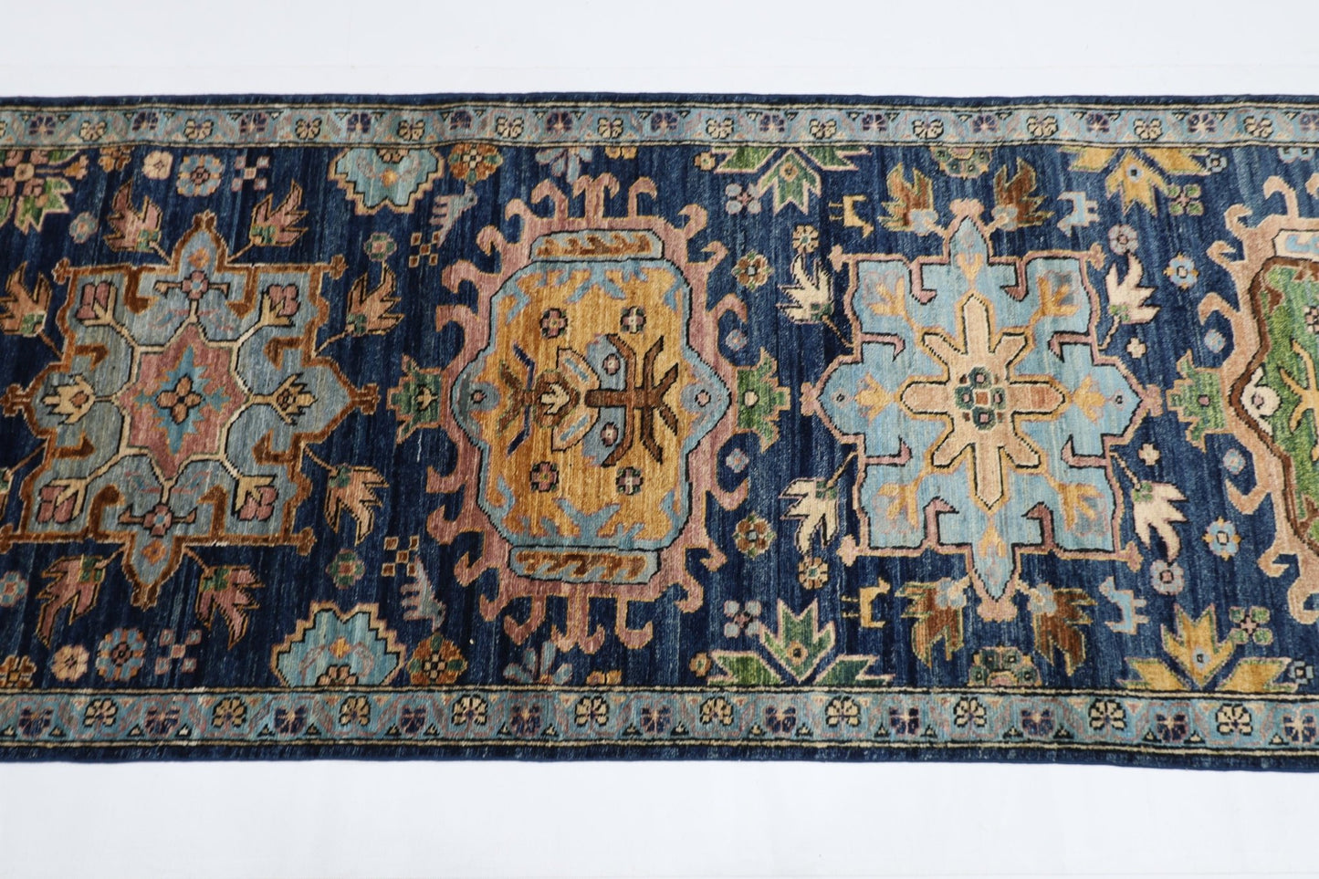 84x 416 cm | Oriental Floral Blue Runner Rug Afghan Hand Knotted Veg Dye Wool carpet - ART WOOL CARPET