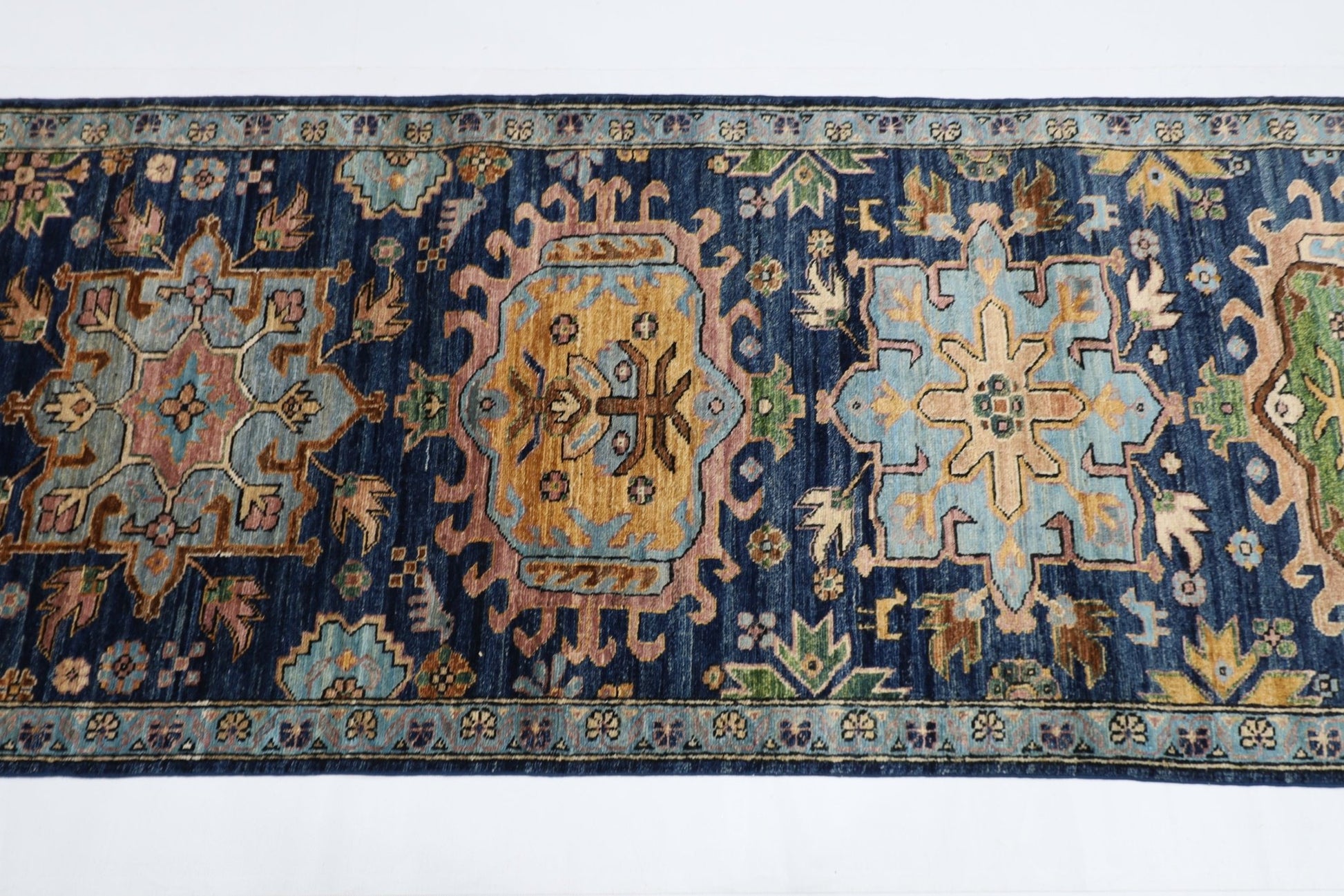 84x 416 cm | Oriental Floral Blue Runner Rug Afghan Hand Knotted Veg Dye Wool carpet - ART WOOL CARPET