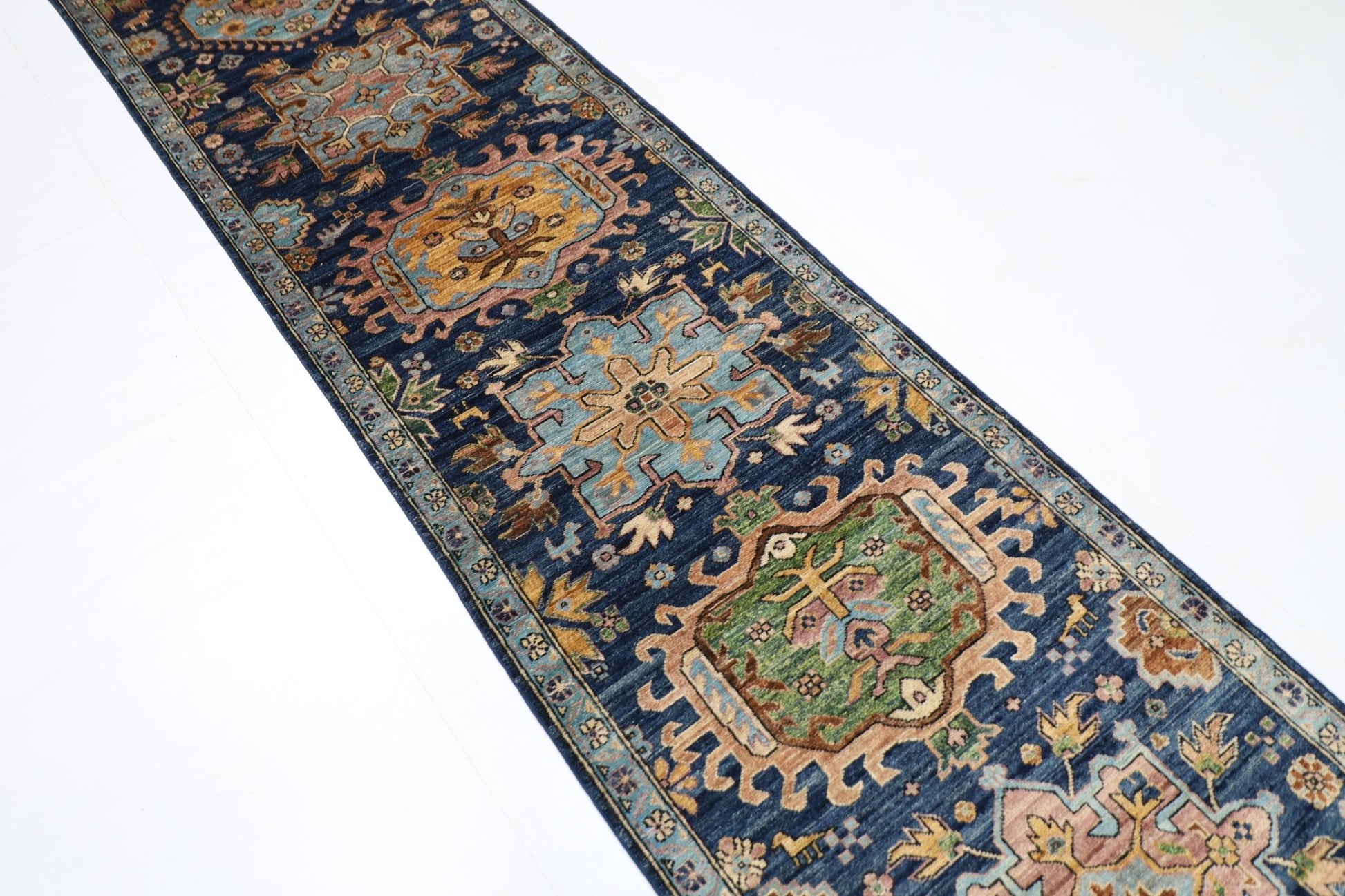 84x 416 cm | Oriental Floral Blue Runner Rug Afghan Hand Knotted Veg Dye Wool carpet - ART WOOL CARPET