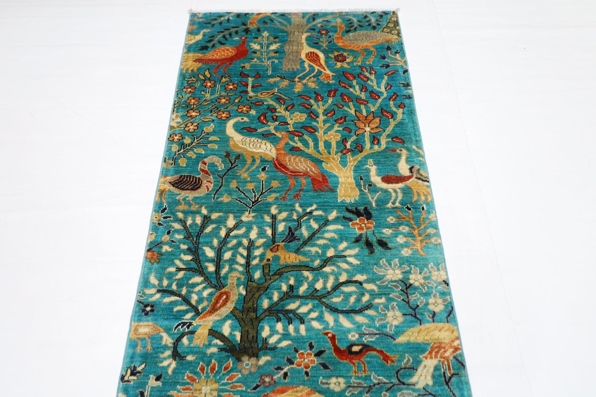 85 x 297 cm | Tree Birds Oriental Runner Rug Afghan Hand Knotted Veg Dye Wool carpet - ART WOOL CARPET