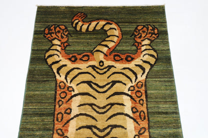 89 x 149 cm | Tiger Green Oriental Area Rug Afghan Hand Knotted Veg Dye Wool carpet - ART WOOL CARPET