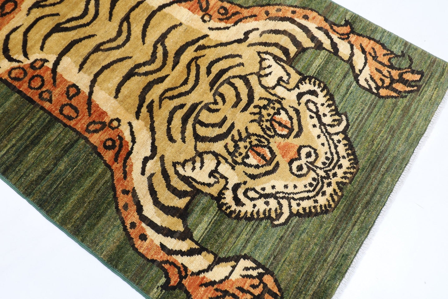 89 x 149 cm | Tiger Green Oriental Area Rug Afghan Hand Knotted Veg Dye Wool carpet - ART WOOL CARPET