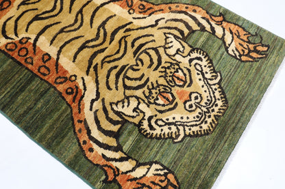 89 x 149 cm | Tiger Green Oriental Area Rug Afghan Hand Knotted Veg Dye Wool carpet - ART WOOL CARPET