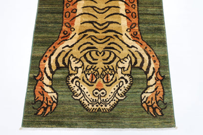 89 x 149 cm | Tiger Green Oriental Area Rug Afghan Hand Knotted Veg Dye Wool carpet - ART WOOL CARPET