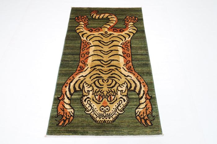 89 x 149 cm | Tiger Green Oriental Area Rug Afghan Hand Knotted Veg Dye Wool carpet
