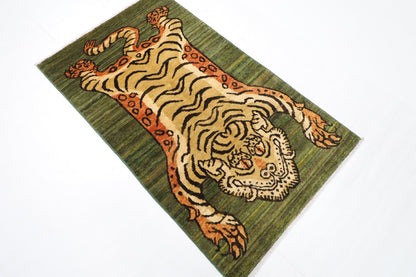 89 x 150 cm | Tiger Green Oriental Area Rug Afghan Hand Knotted Veg Dye Wool carpet - ART WOOL CARPET