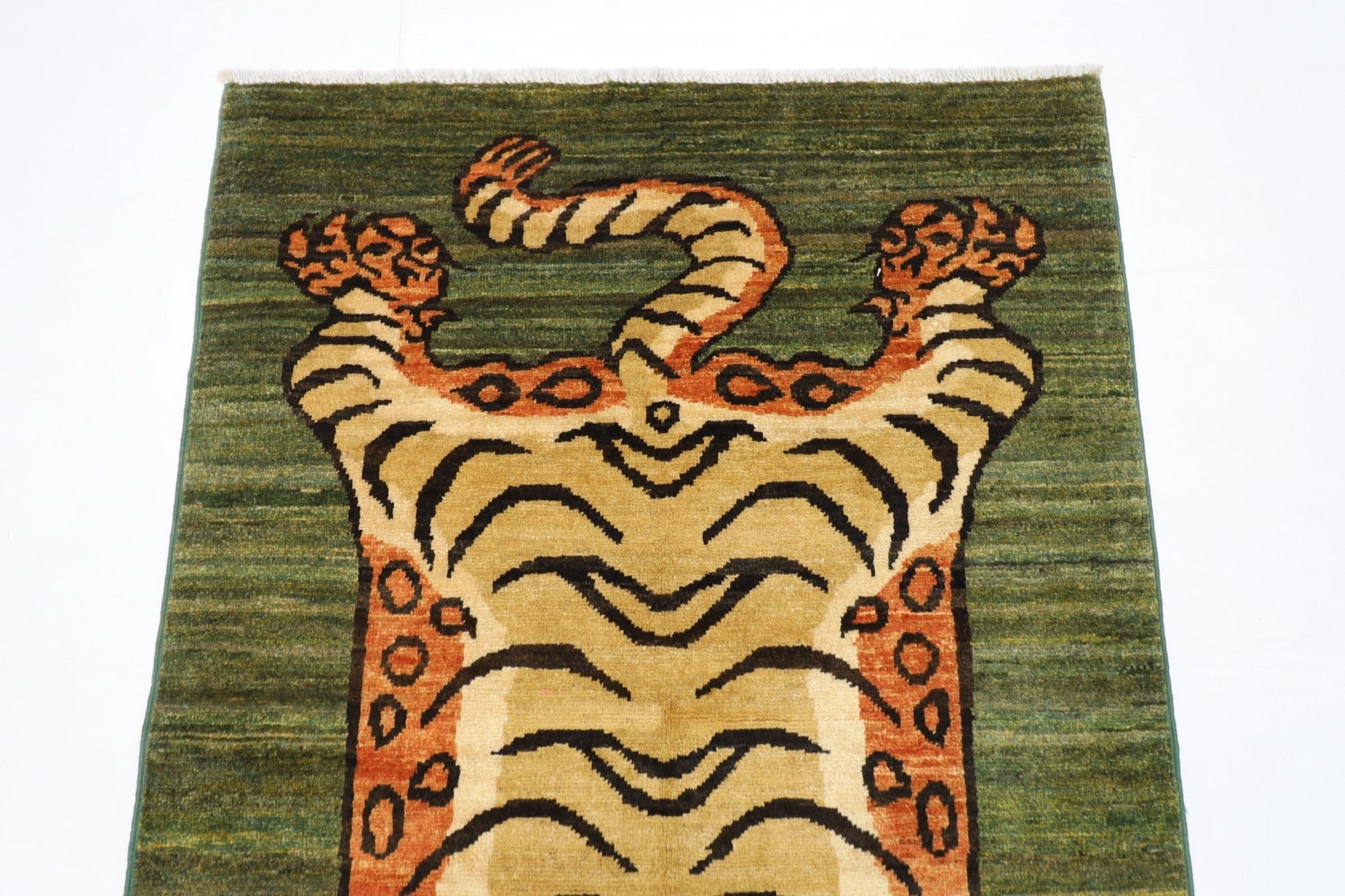 89 x 150 cm | Tiger Green Oriental Area Rug Afghan Hand Knotted Veg Dye Wool carpet - ART WOOL CARPET