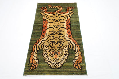 89 x 150 cm | Tiger Green Oriental Area Rug Afghan Hand Knotted Veg Dye Wool carpet - ART WOOL CARPET