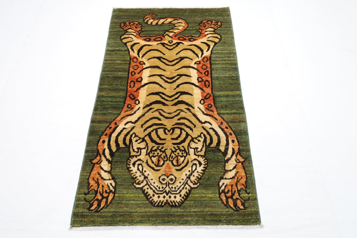 89 x 150 cm | Tiger Green Oriental Area Rug Afghan Hand Knotted Veg Dye Wool carpet