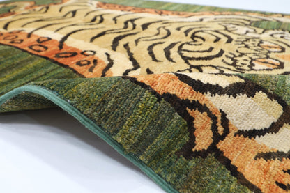89 x 150 cm | Tiger Green Oriental Area Rug Afghan Hand Knotted Veg Dye Wool carpet - ART WOOL CARPET