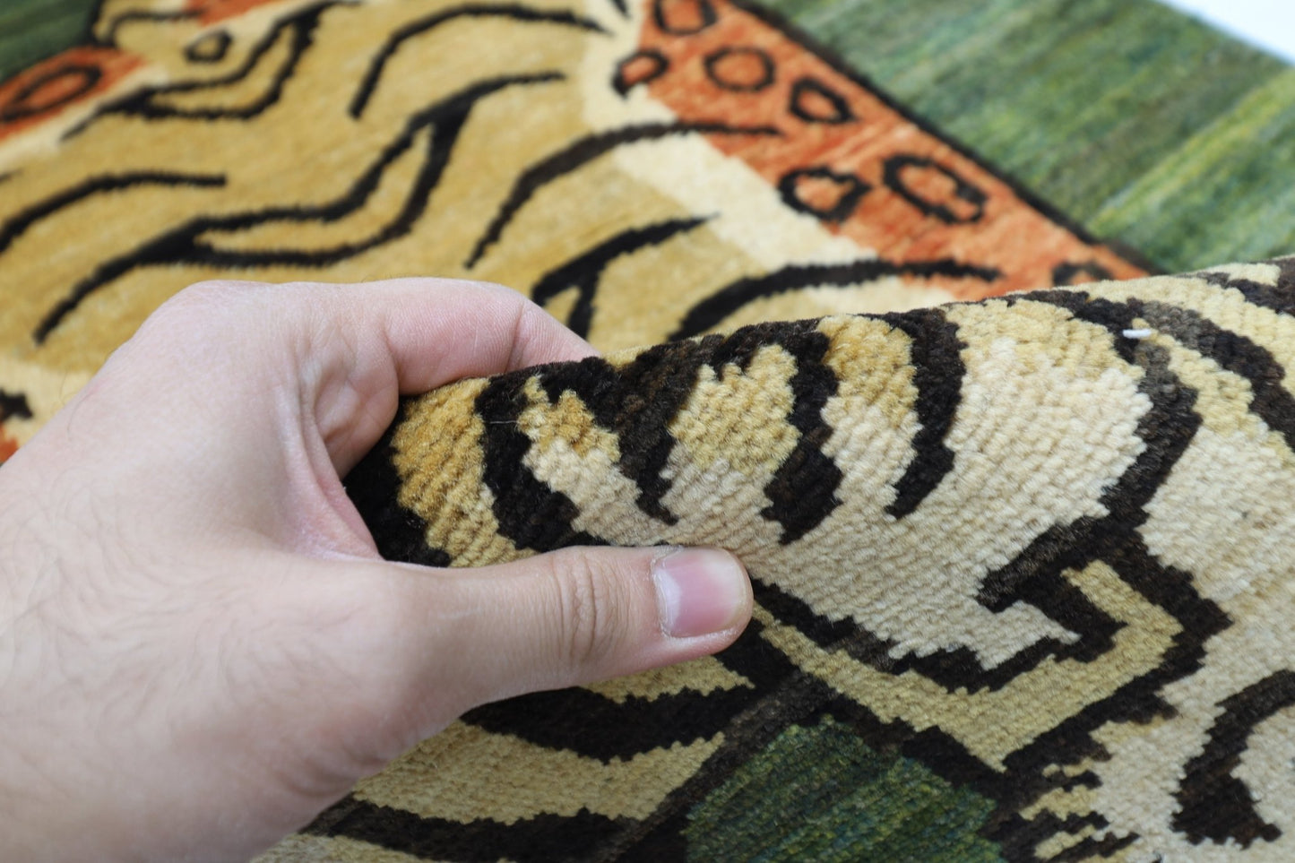 89 x 150 cm | Tiger Green Oriental Area Rug Afghan Hand Knotted Veg Dye Wool carpet - ART WOOL CARPET