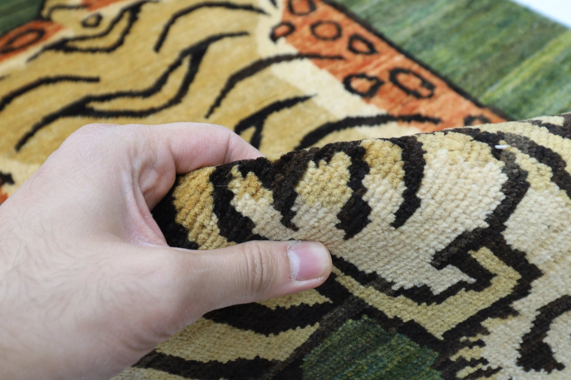 89 x 150 cm | Tiger Green Oriental Area Rug Afghan Hand Knotted Veg Dye Wool carpet - ART WOOL CARPET