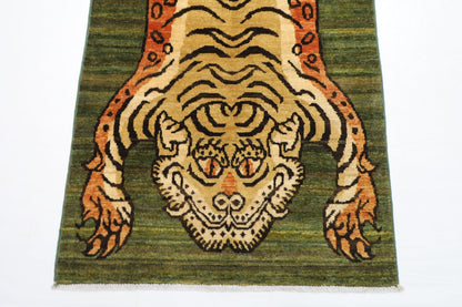 89 x 150 cm | Tiger Green Oriental Area Rug Afghan Hand Knotted Veg Dye Wool carpet - ART WOOL CARPET