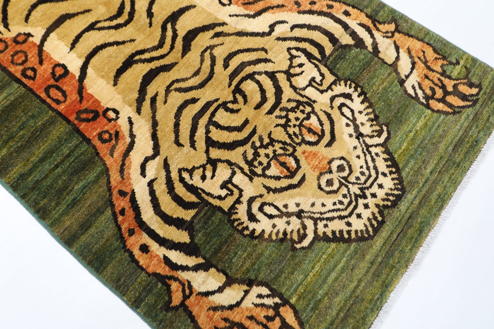 89 x 150 cm | Tiger Green Oriental Area Rug Afghan Hand Knotted Veg Dye Wool carpet - ART WOOL CARPET