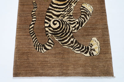 90 x 149 cm | Tiger brown Oriental Area Rug Afghan Hand Knotted Veg Dye Wool carpet - ART WOOL CARPET