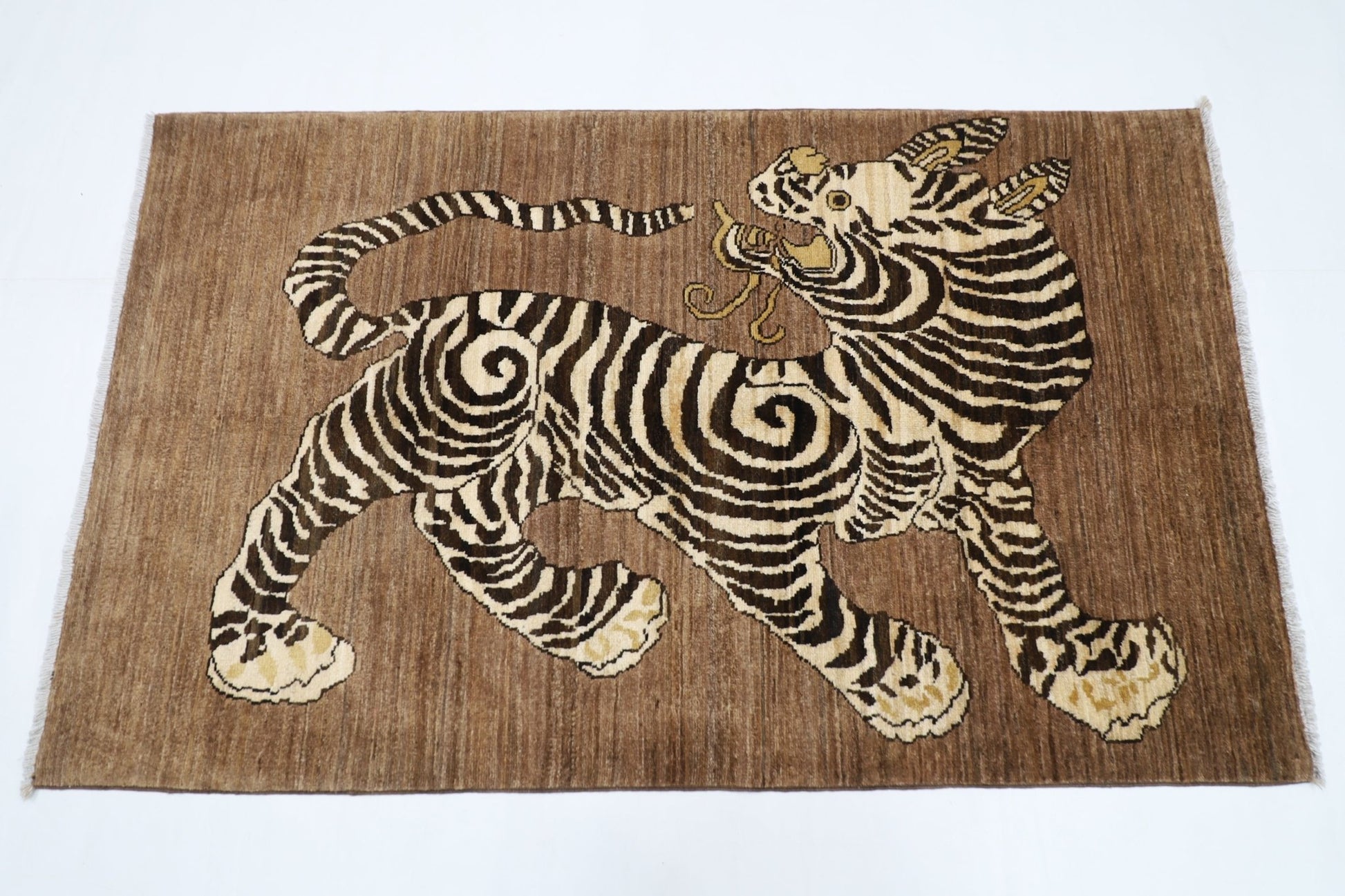 90 x 149 cm | Tiger brown Oriental Area Rug Afghan Hand Knotted Veg Dye Wool carpet - ART WOOL CARPET