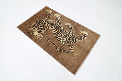 91 x 149 cm | Tiger Brown Oriental Area Rug Afghan Hand Knotted Veg Dye Wool carpet - ART WOOL CARPET