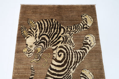 91 x 149 cm | Tiger Brown Oriental Area Rug Afghan Hand Knotted Veg Dye Wool carpet - ART WOOL CARPET