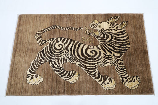 91 x 149 cm | Tiger Brown Oriental Area Rug Afghan Hand Knotted Veg Dye Wool carpet - ART WOOL CARPET