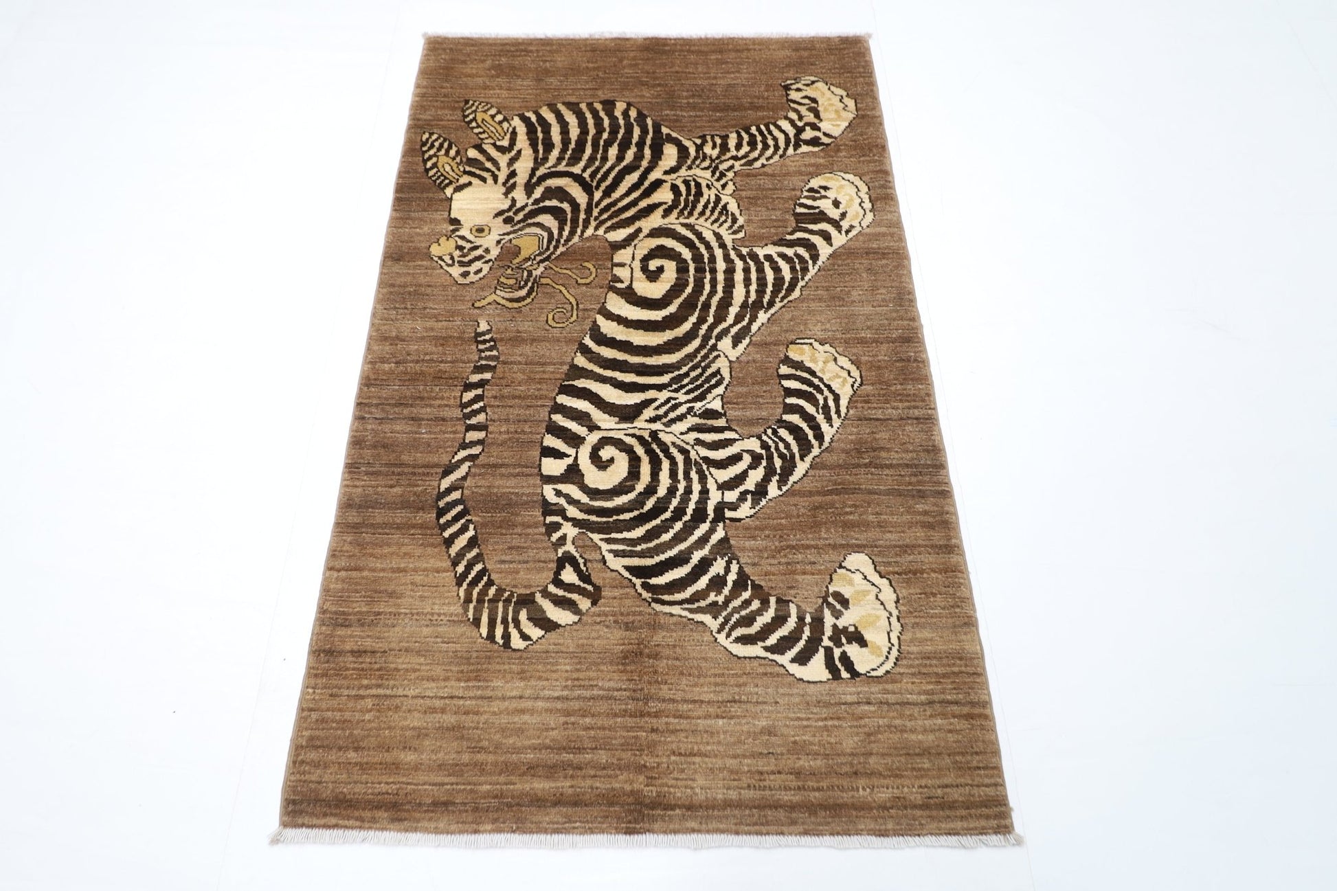 91 x 149 cm | Tiger Brown Oriental Area Rug Afghan Hand Knotted Veg Dye Wool carpet - ART WOOL CARPET