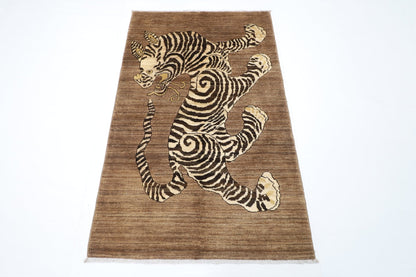 91 x 149 cm | Tiger Brown Oriental Area Rug Afghan Hand Knotted Veg Dye Wool carpet - ART WOOL CARPET