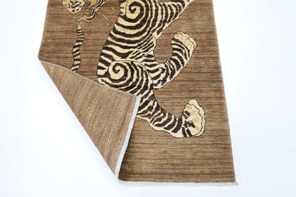 91 x 149 cm | Tiger Brown Oriental Area Rug Afghan Hand Knotted Veg Dye Wool carpet - ART WOOL CARPET