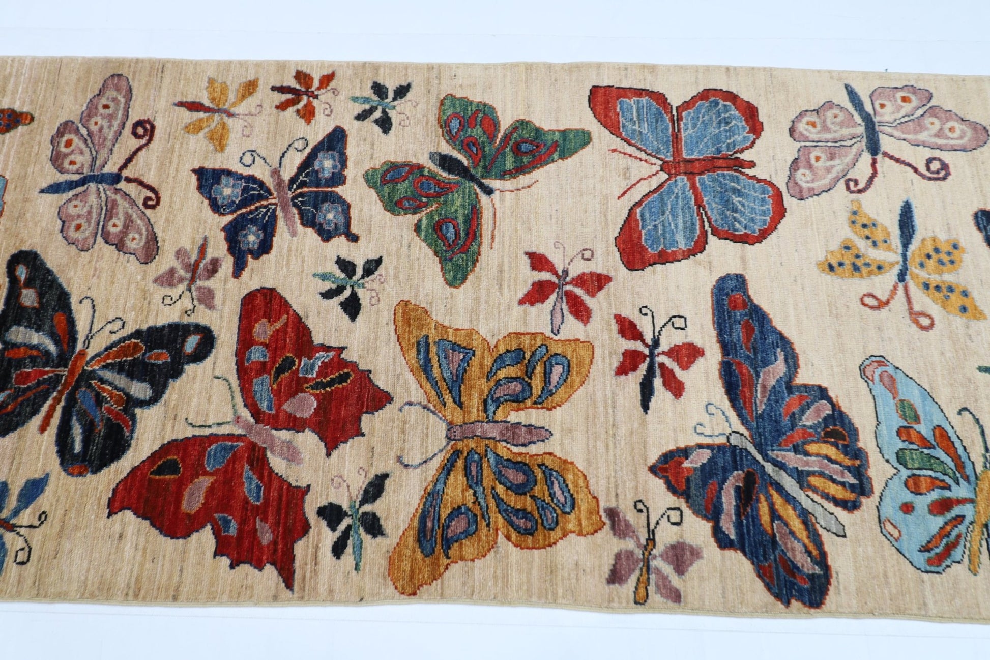 91 x 305 cm | Oriental Butterfly Beige Runner Rug Afghan Hand Knotted Veg Dye Wool carpet - ART WOOL CARPET