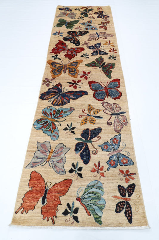 91 x 305 cm | Oriental Butterfly Beige Runner Rug Afghan Hand Knotted Veg Dye Wool carpet - ART WOOL CARPET