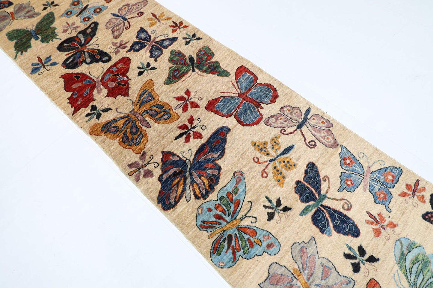 91 x 305 cm | Oriental Butterfly Beige Runner Rug Afghan Hand Knotted Veg Dye Wool carpet - ART WOOL CARPET