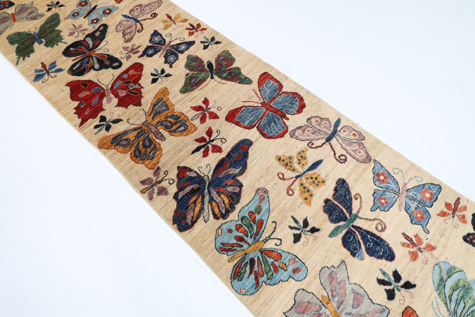 91 x 305 cm | Oriental Butterfly Beige Runner Rug Afghan Hand Knotted Veg Dye Wool carpet - ART WOOL CARPET