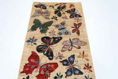 91 x 305 cm | Oriental Butterfly Beige Runner Rug Afghan Hand Knotted Veg Dye Wool carpet - ART WOOL CARPET