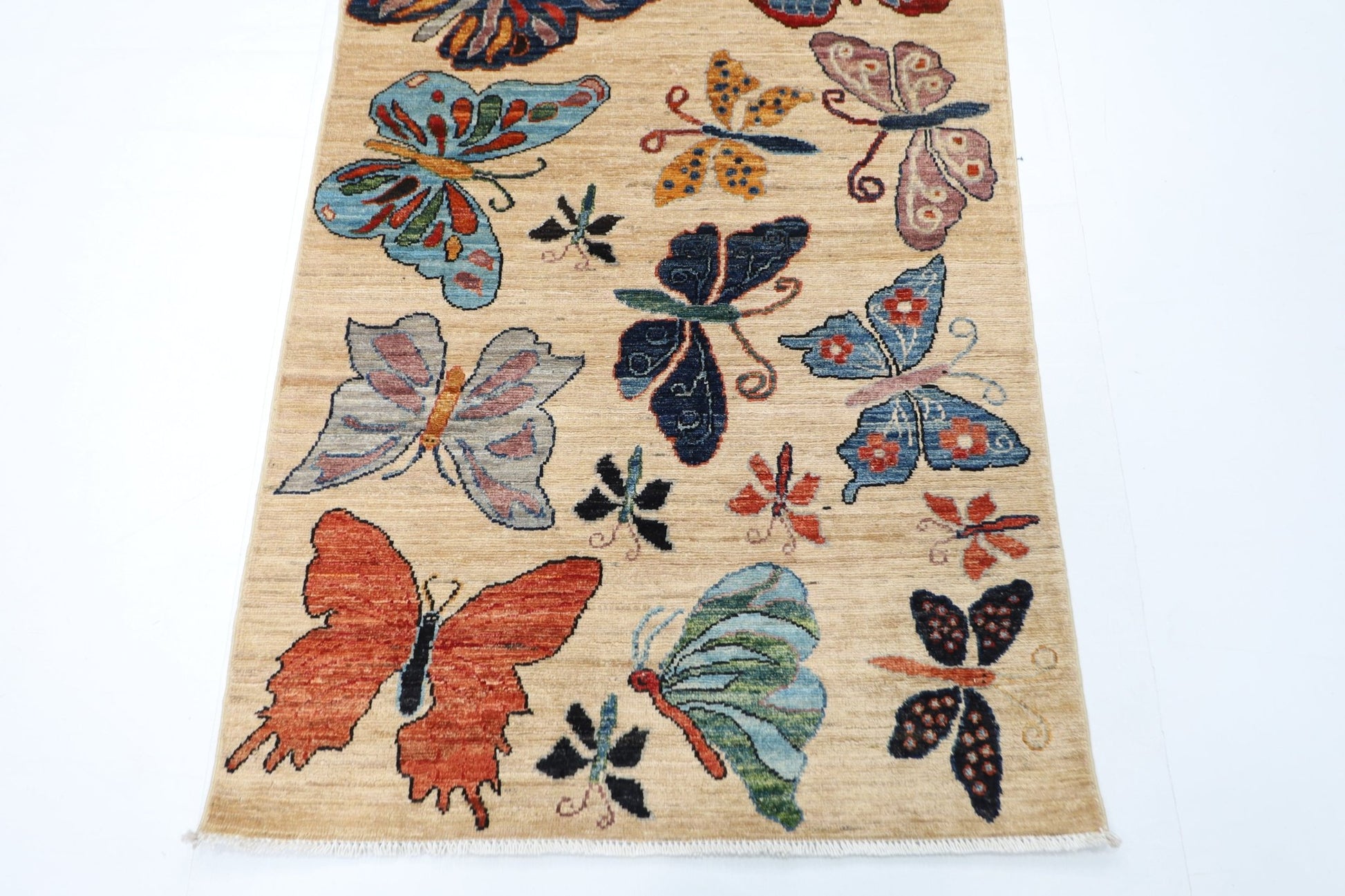 91 x 305 cm | Oriental Butterfly Beige Runner Rug Afghan Hand Knotted Veg Dye Wool carpet - ART WOOL CARPET