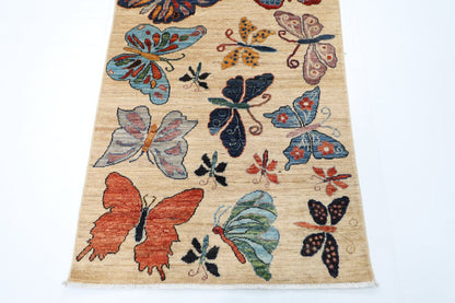 91 x 305 cm | Oriental Butterfly Beige Runner Rug Afghan Hand Knotted Veg Dye Wool carpet - ART WOOL CARPET