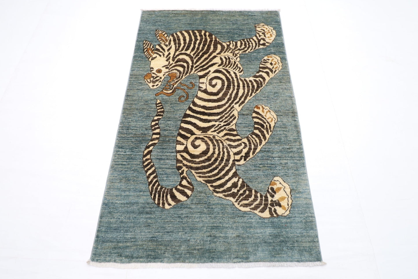 92 x 154 cm | Tiger Blue Oriental Area Rug Afghan Hand Knotted Veg Dye Wool carpet - ART WOOL CARPET